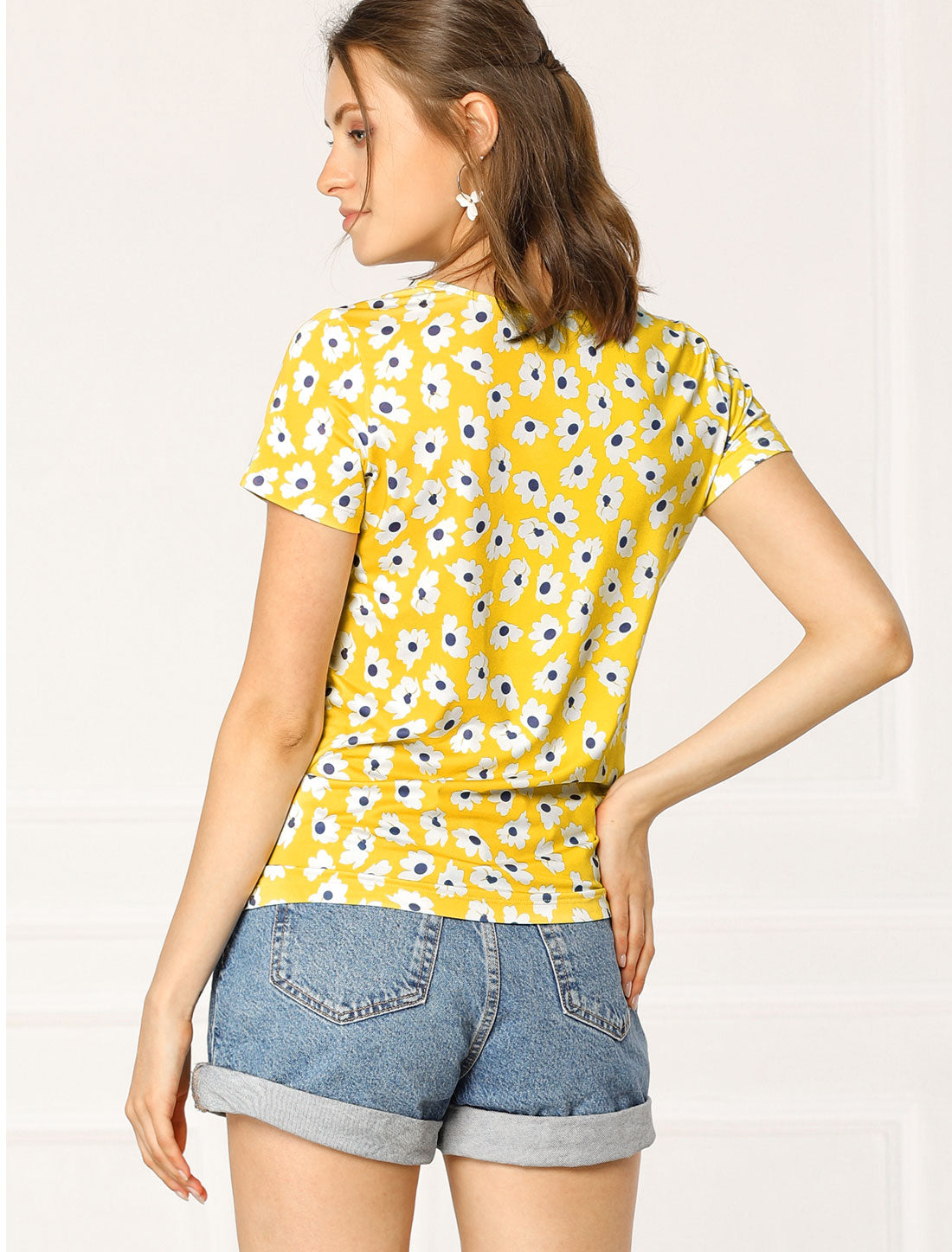 Women's Daisy Floral Top Crew Neck Short Sleeve Summer T-Shirt