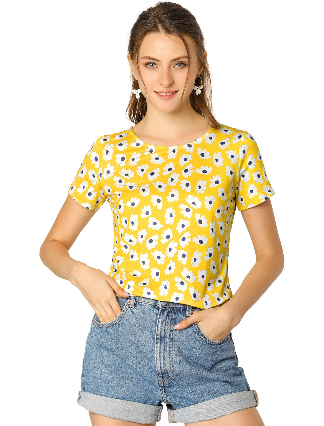 Women's Daisy Floral Top Crew Neck Short Sleeve Summer T-Shirt