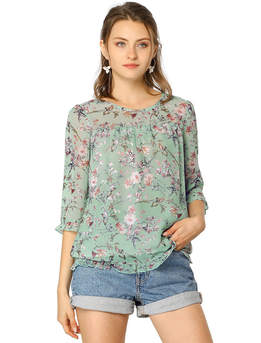 Women's Casual Ruffle 3/4 Sleeve Floral Print Chiffon Blouse (Available in Plus Size)