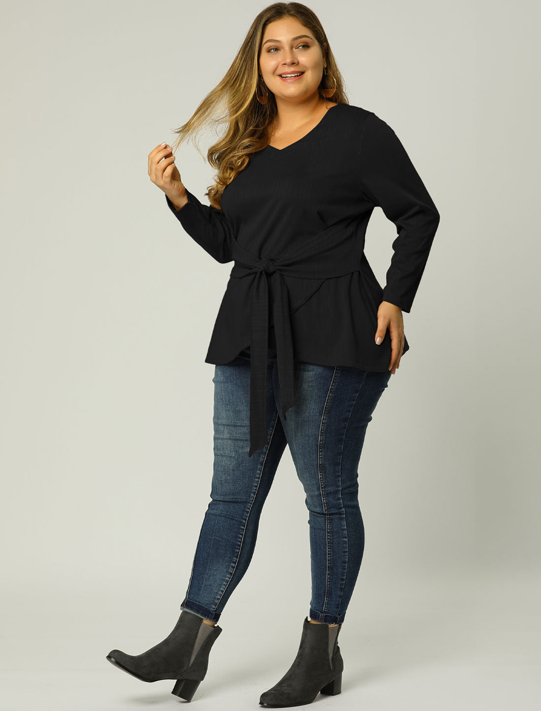 Women's Plus Size Long Sleeve V Neck Knit Belted Knot Tie Work Blouse