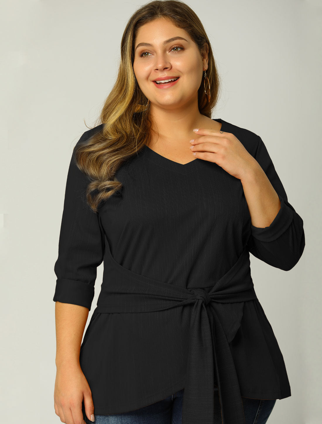 Women's Plus Size Long Sleeve V Neck Knit Belted Knot Tie Work Blouse