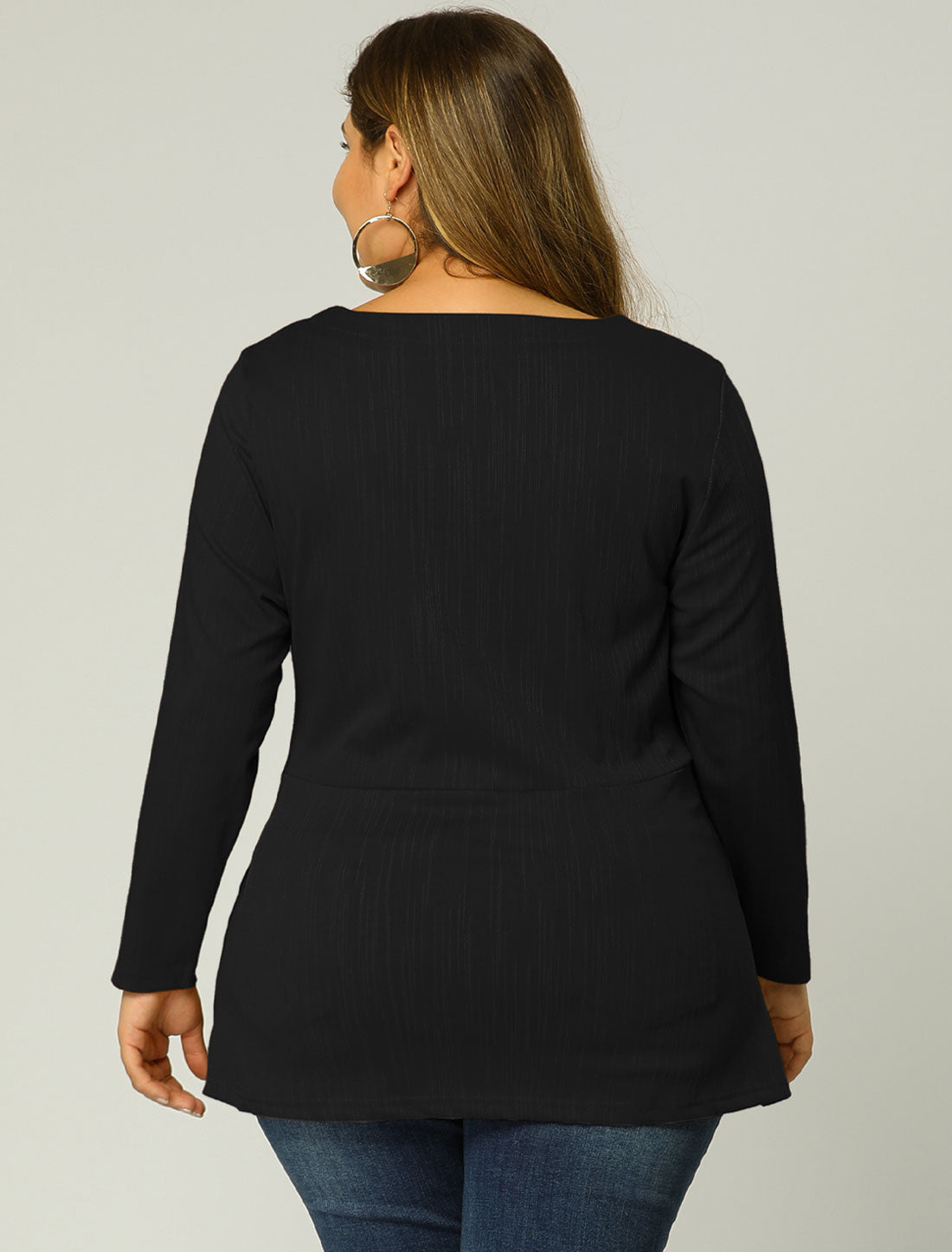 Women's Plus Size Long Sleeve V Neck Knit Belted Knot Tie Work Blouse
