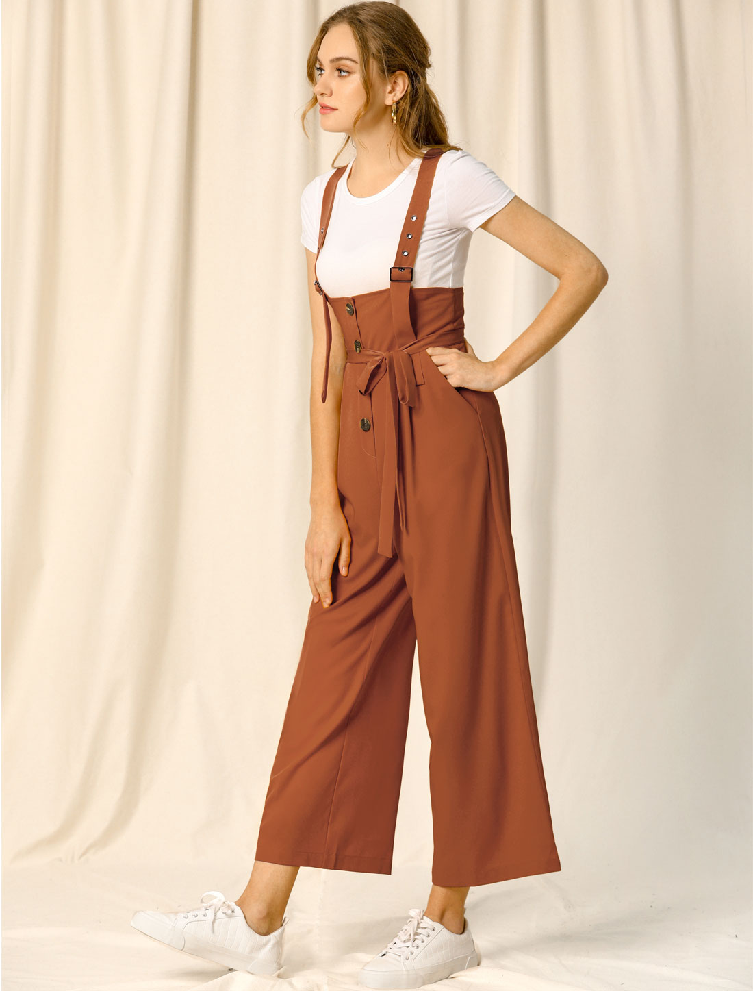 Women's Wide Leg Overalls Loose Fit Belted High Waist Suspenders Jumpsuits