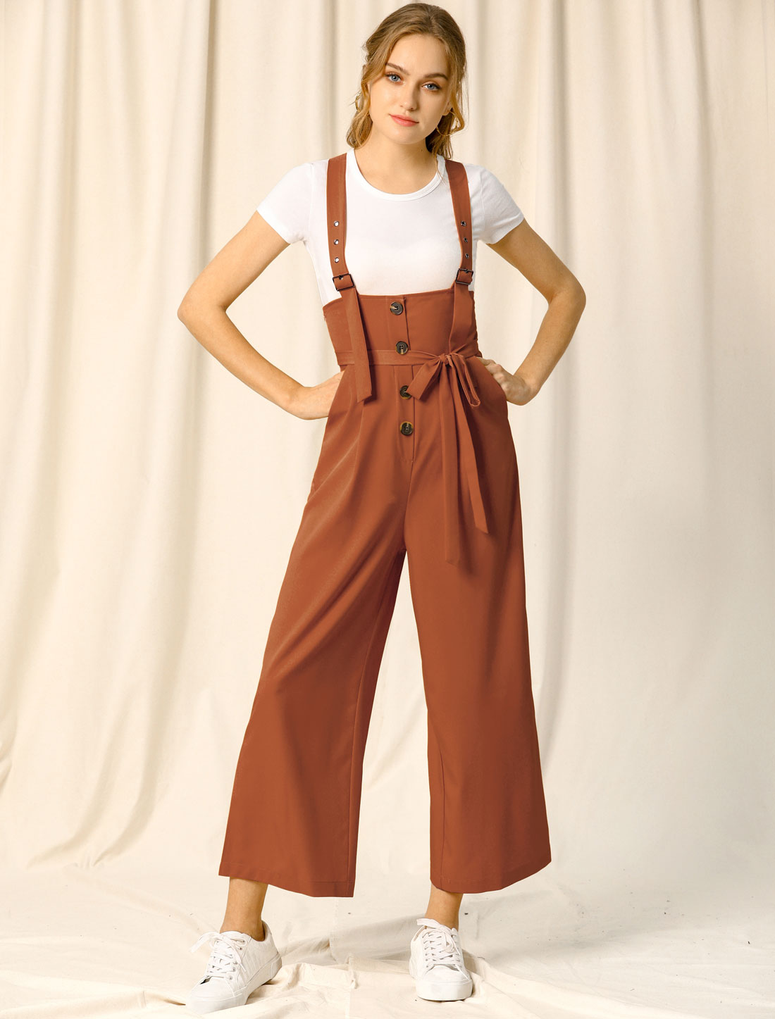 Women's Wide Leg Overalls Loose Fit Belted High Waist Suspenders Jumpsuits
