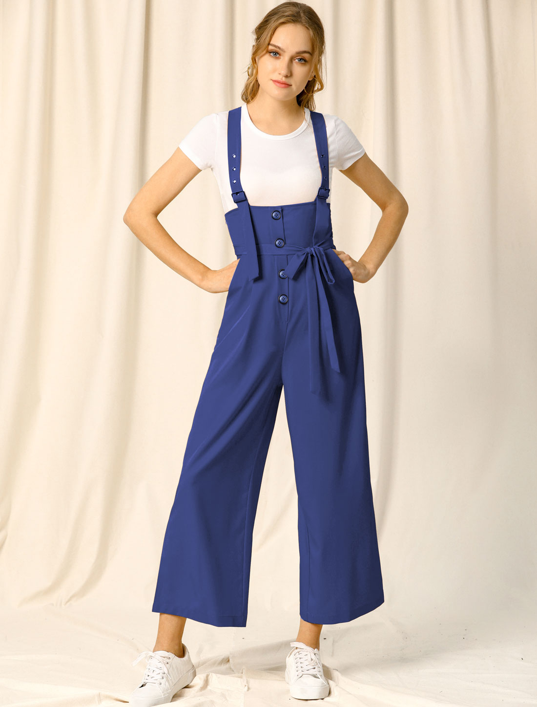 Women's Wide Leg Overalls Loose Fit Belted High Waist Suspenders Jumpsuits