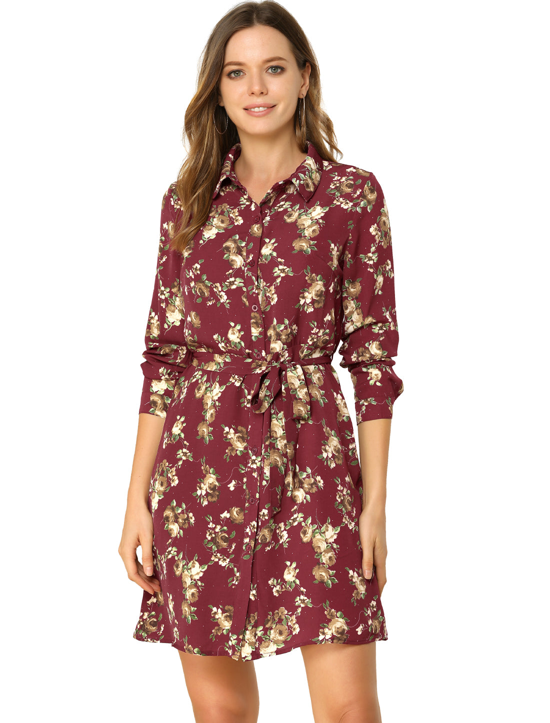 Women's Button Down Collar Tie Belted Print Shirt Dress