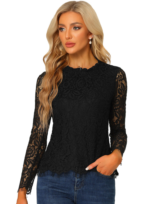 Women's Long Sleeve Lace Top Dressy Elegant Peplum Blouse Shirt (Available in Plus Size)