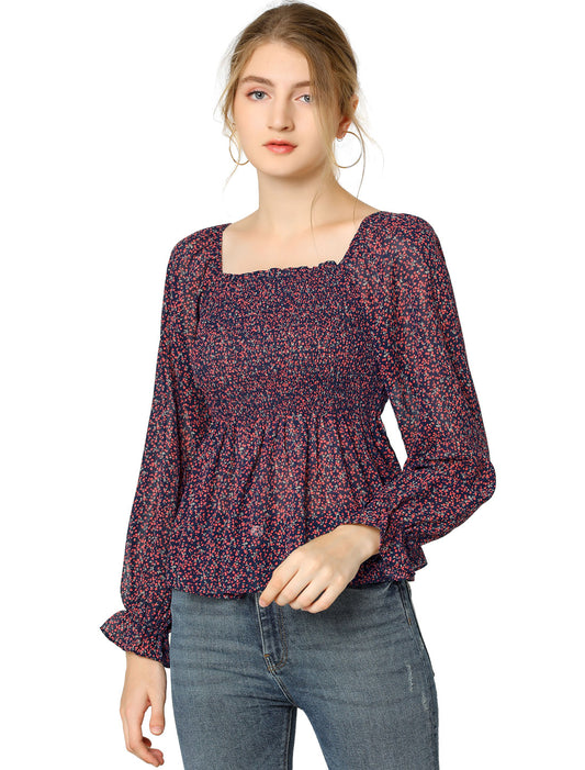 Blusa de gasa con cuello cuadrado y estampado floral fruncido para mujer