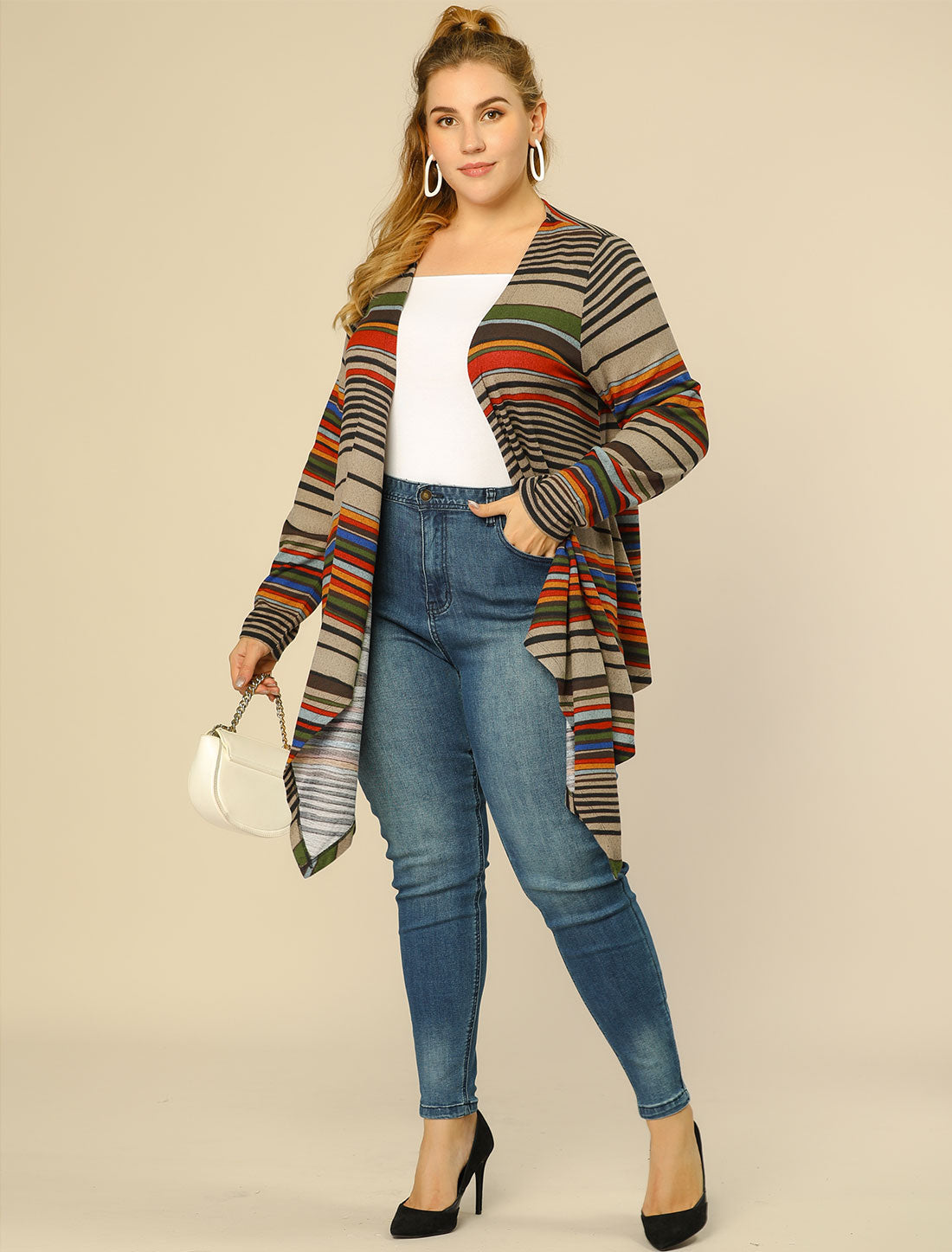 Women's Plus Size Cardigans Kimonos Color Block Boho Striped Open Front Cardigan
