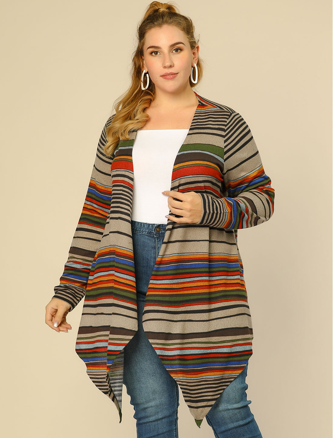 Women's Plus Size Cardigans Kimonos Color Block Boho Striped Open Front Cardigan