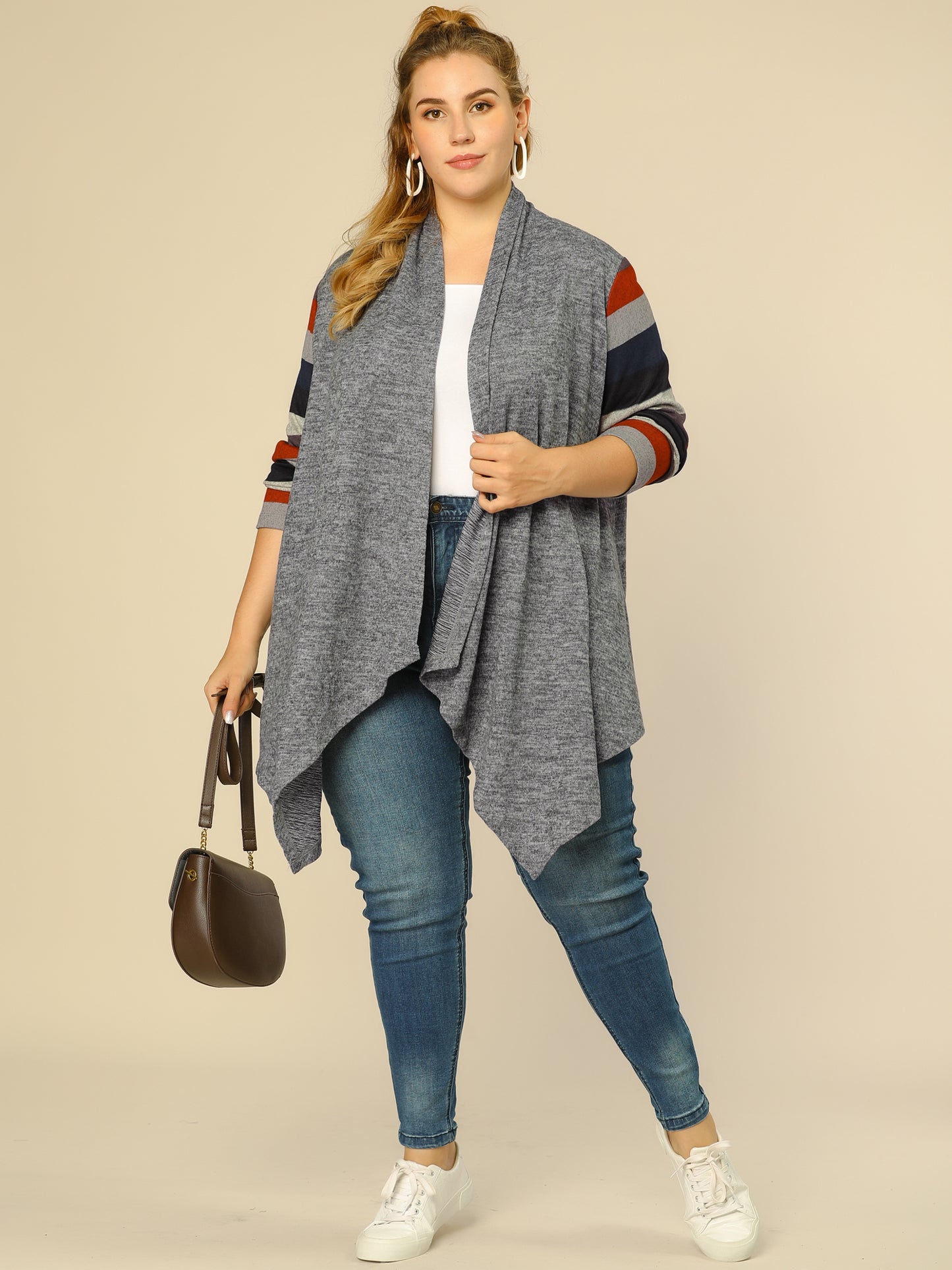 Women's Plus Size Cardigan Duster Open Front Long Sleeve Lightweight Stripe Splicing Long Cardigan
