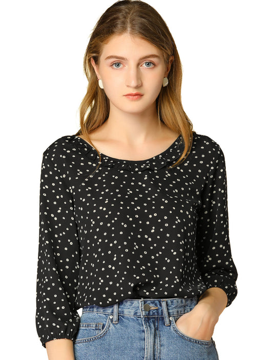 Women's Floral Dots Ruffled Neck 3/4 Sleeves Blouse