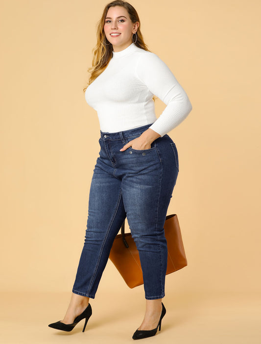Women's Plus Size Denim Jeans Mid Rise Stretch Washed Skinny Casual Pants