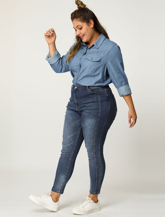 Women's Plus Size Denim Shirt Long Sleeves Chest Pocket Button Down Chambray Shirt