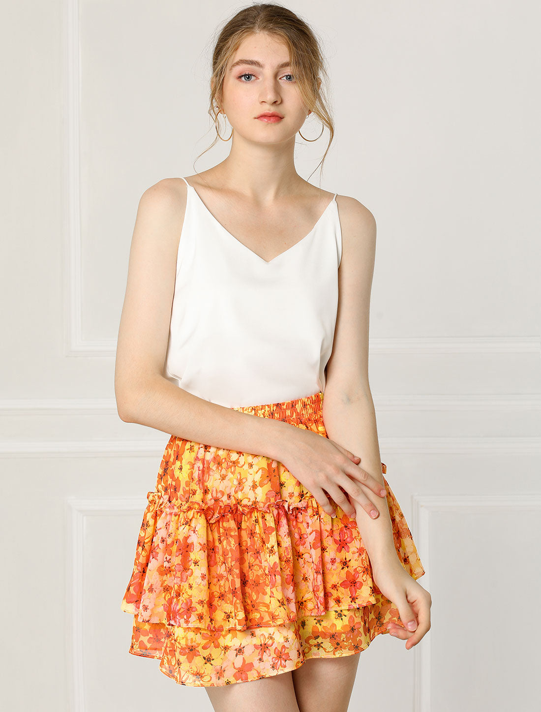 Women's Floral Print Skirt Elastic High Waist Layer Ruffle A-Line Mini Short Skirt
