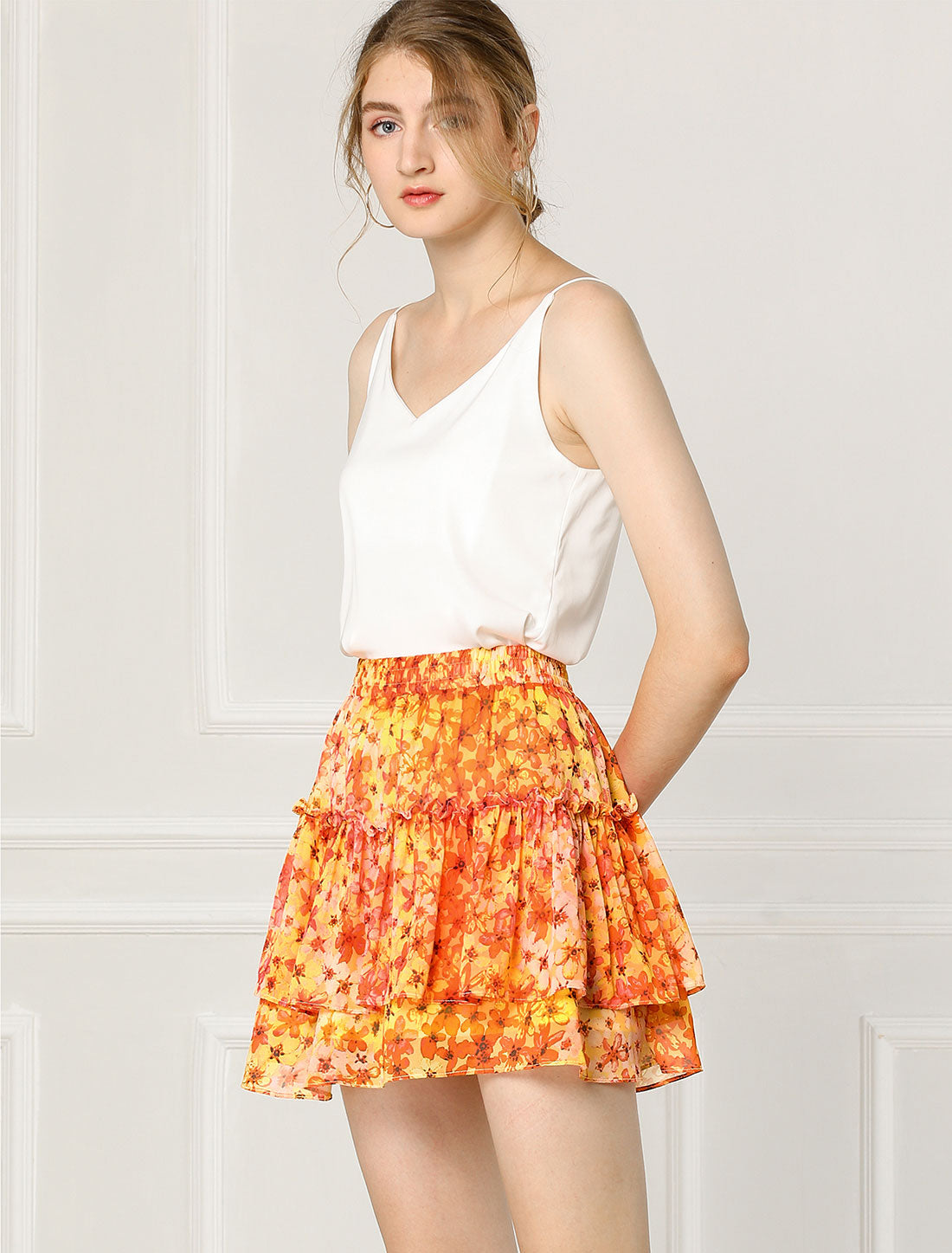 Women's Floral Print Skirt Elastic High Waist Layer Ruffle A-Line Mini Short Skirt