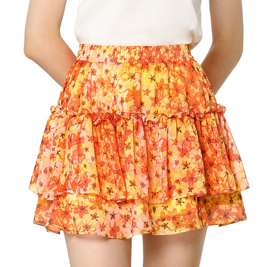 Women's Floral Print Skirt Elastic High Waist Layer Ruffle A-Line Mini Short Skirt