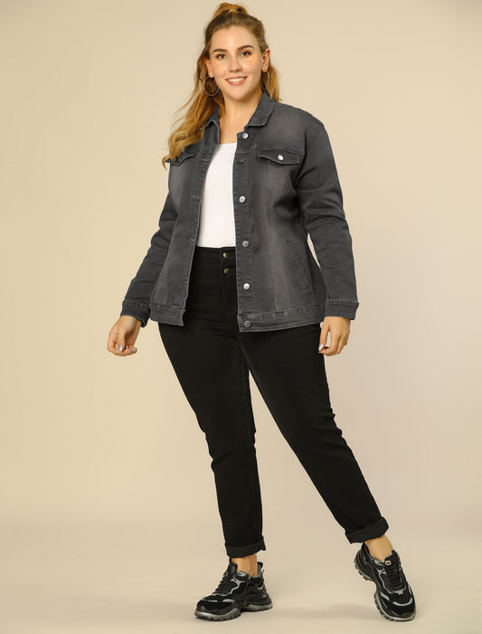 Women's Plus Size Jean Jacket Stitching Button Front Washed Denim Jacket