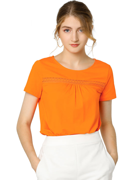 Women's Short Sleeve Summer Lace Trim Pleated T-Shirt Blouse