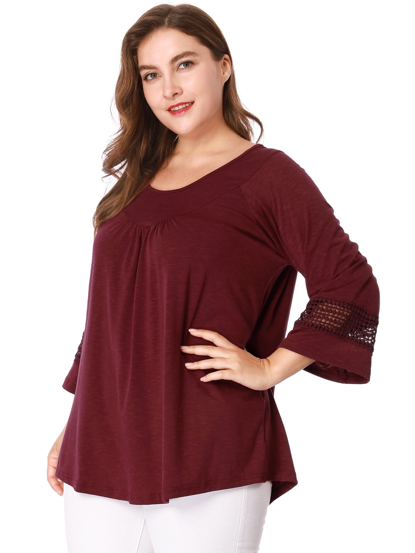 Women's Plus Size Tops Long Sleeve Crochet Panel Hollow Out Pleated Tunics Blouse