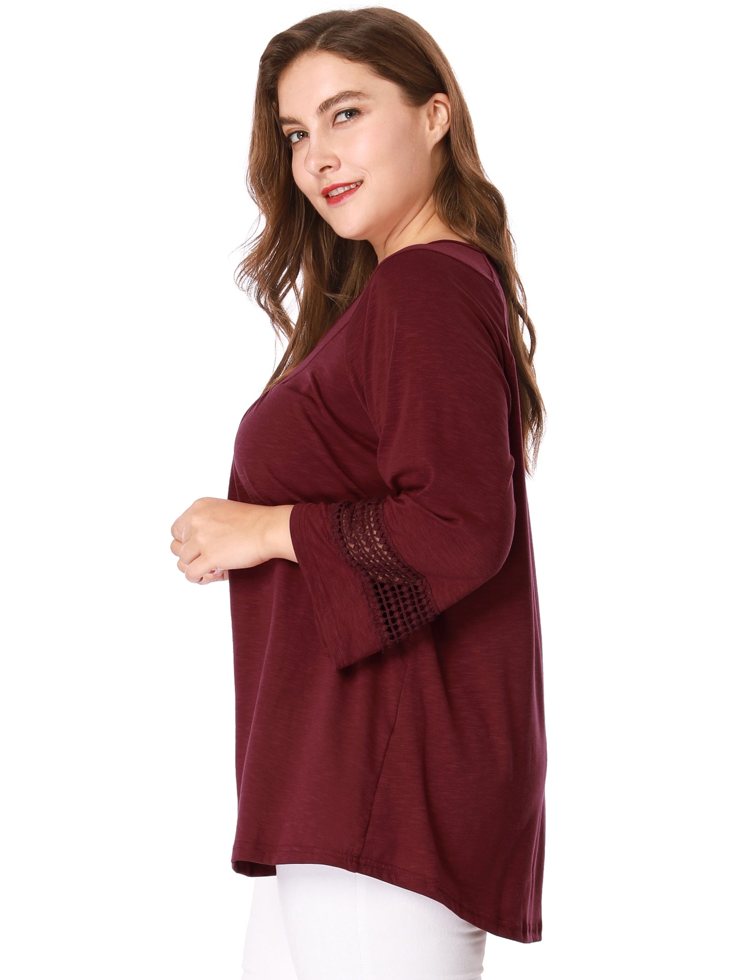 Women's Plus Size Tops Long Sleeve Crochet Panel Hollow Out Pleated Tunics Blouse