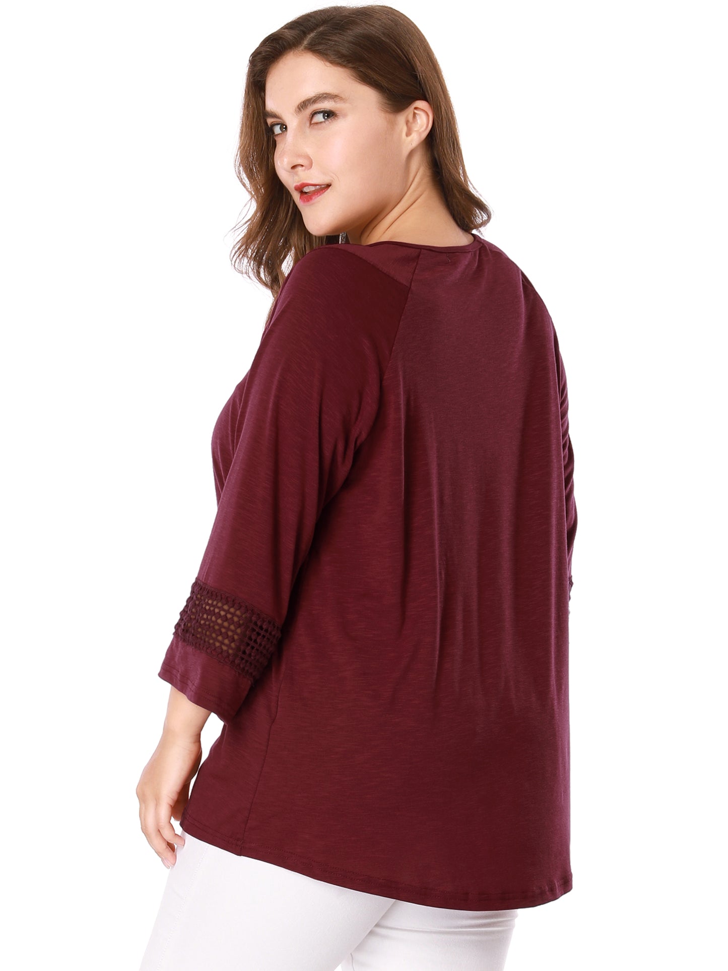 Women's Plus Size Tops Long Sleeve Crochet Panel Hollow Out Pleated Tunics Blouse