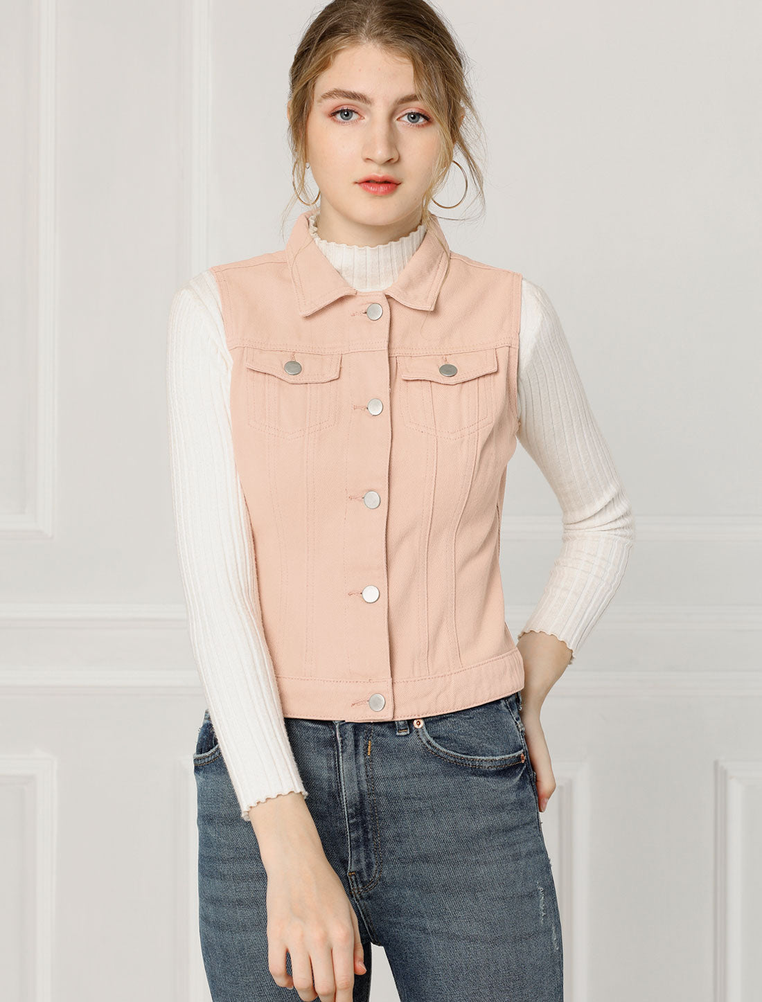 Women's Buttoned Washed Denim Vest Jacket W Chest Flap Pockets
