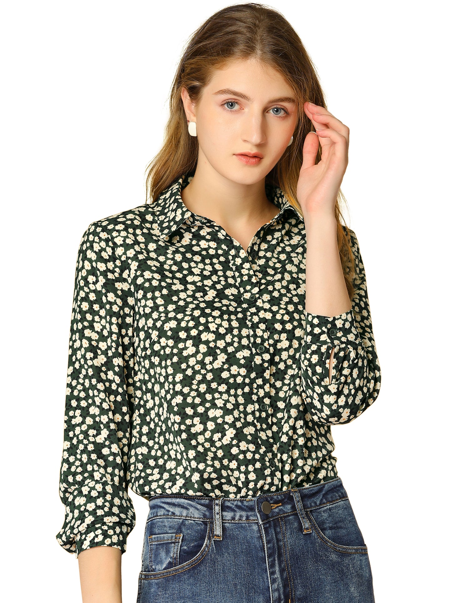Women's Long Sleeve Button Down Ditsy Floral Shirt (Available in Plus Size)