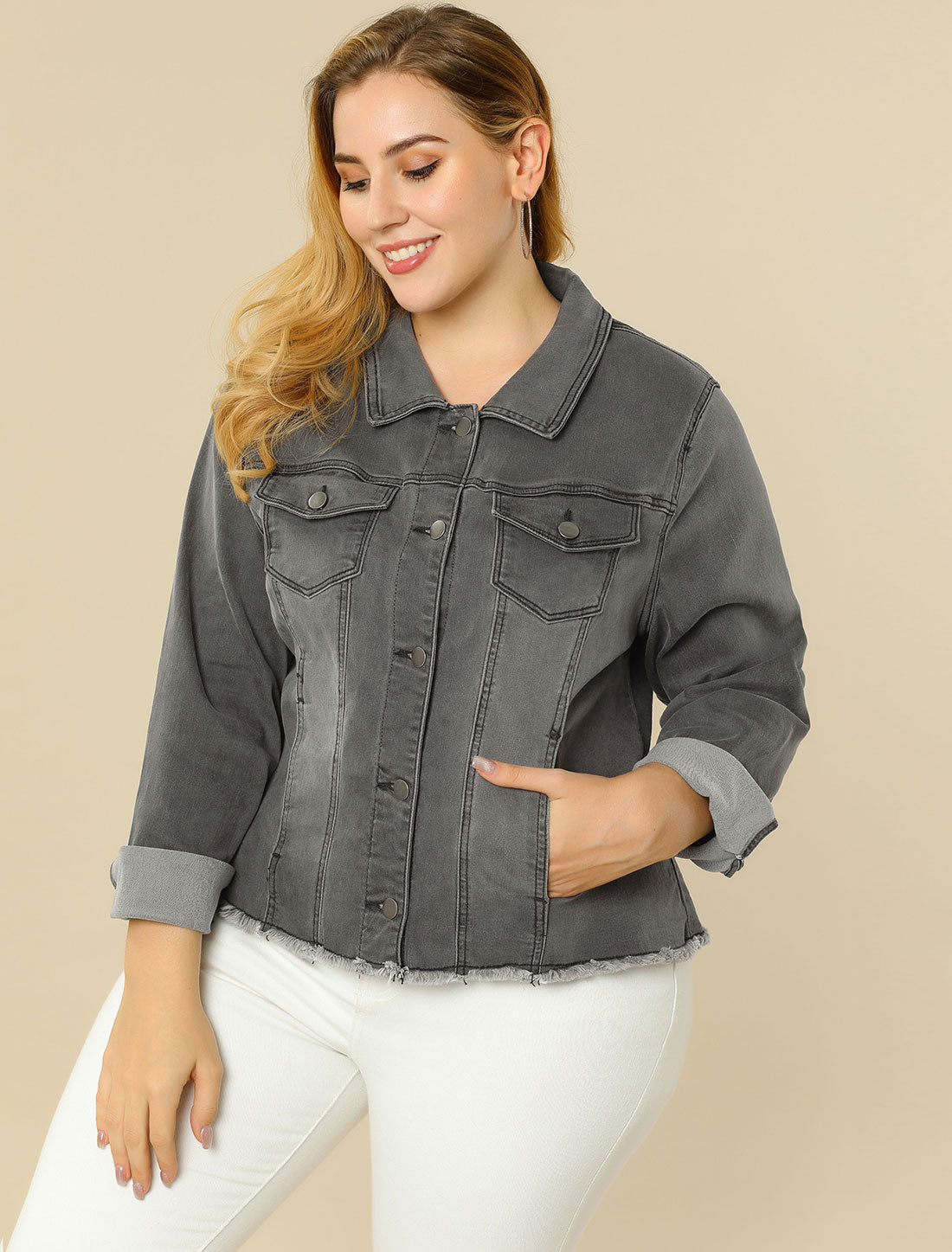 Women's Plus Size Classic Washed Front Frayed Denim Jacket