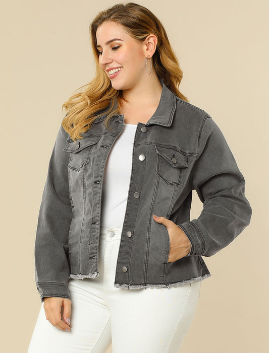 Women's Plus Size Classic Washed Front Frayed Denim Jacket