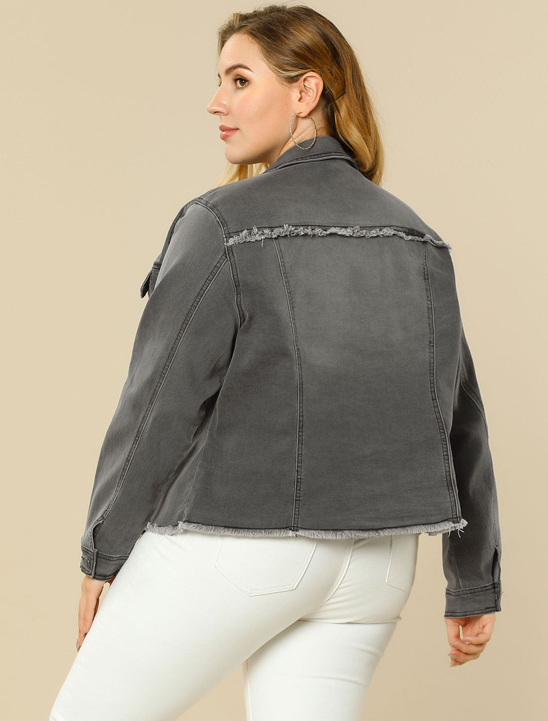 Agnes Orinda Plus Size Classic Washed Front Frayed Denim Jacket Grey