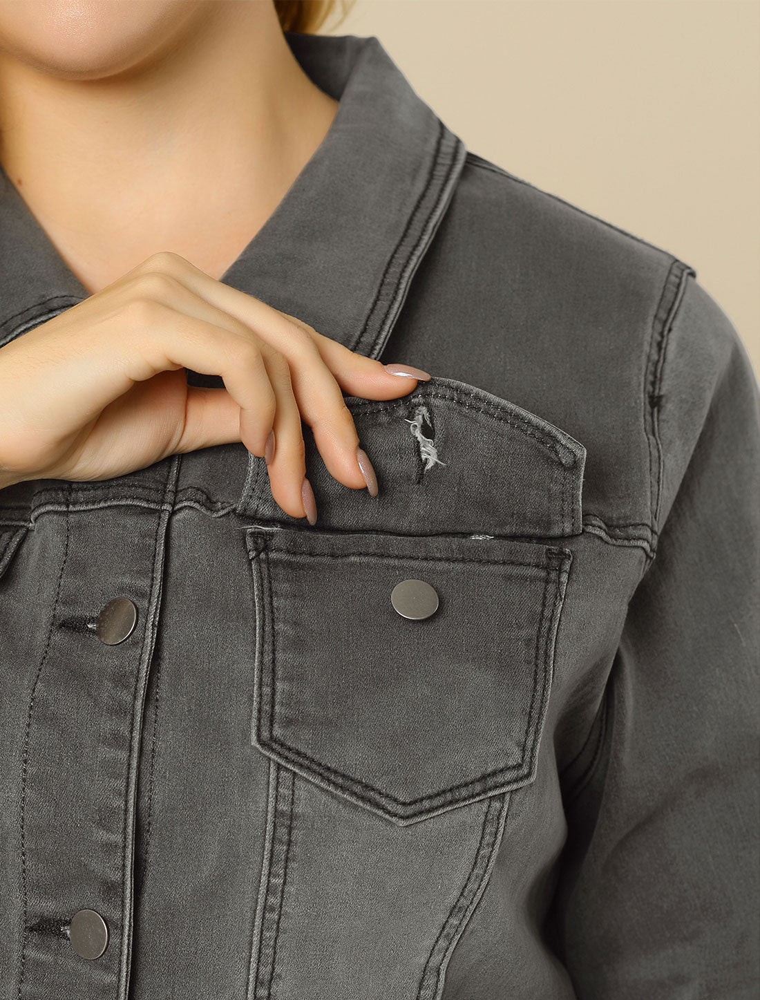 Agnes Orinda Plus Size Classic Washed Front Frayed Denim Jacket Grey
