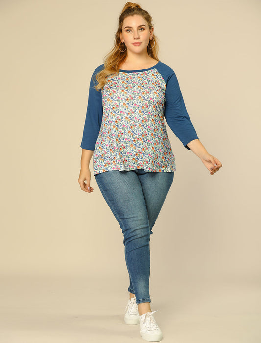 Women's Plus Size Raglan Crewneck 3/4 Sleeve Tunic Tee Shirt Floral Print T-Shirt Casual Top