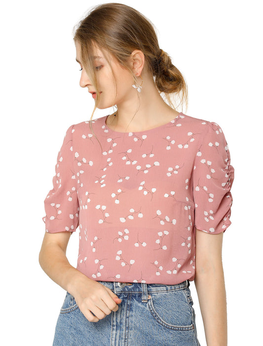Women's Floral Crew Neck Summer Shirred Short Sleeve Blouse