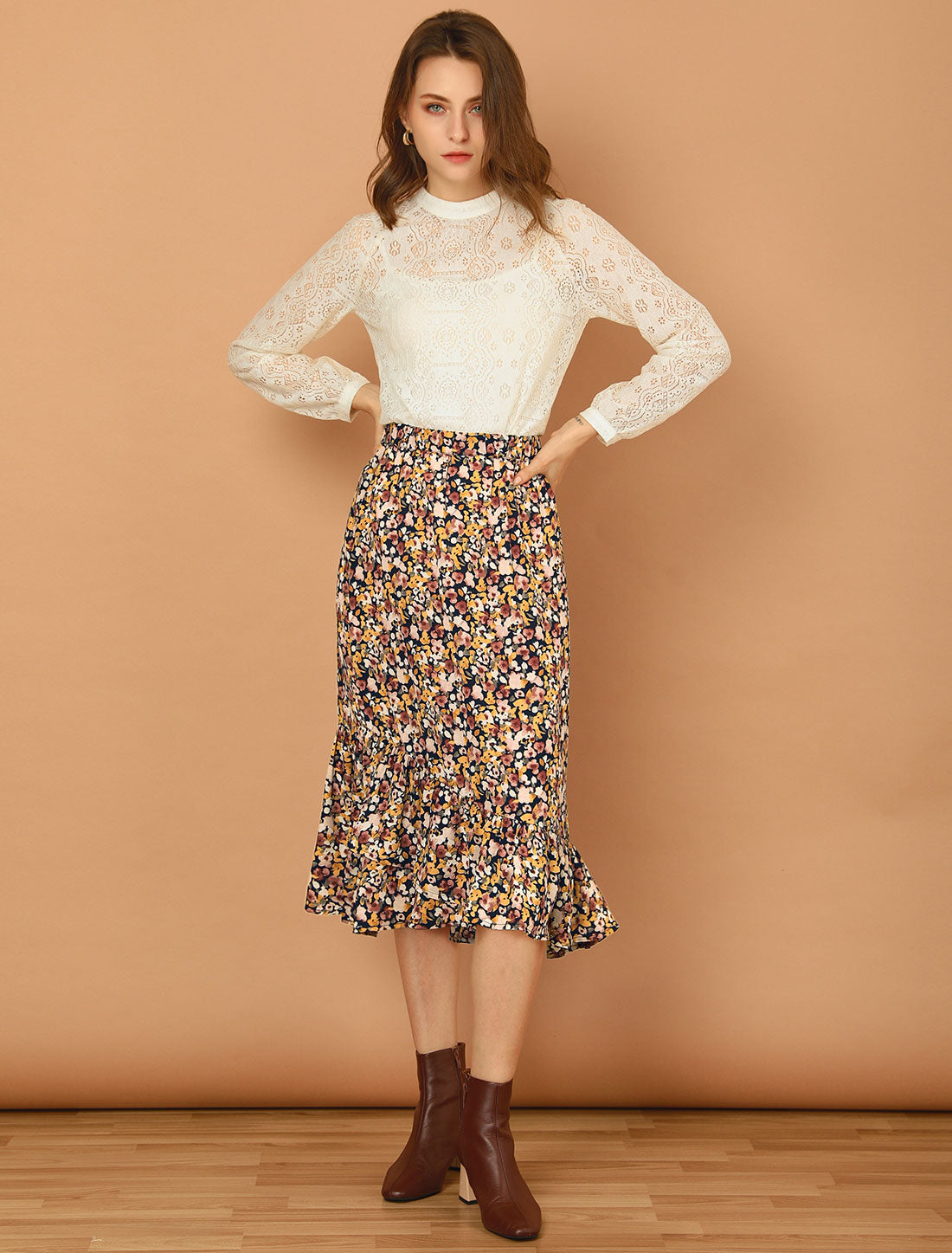 Falda floral de verano para mujer, cintura elástica, dobladillo alto y bajo con volantes, falda midi