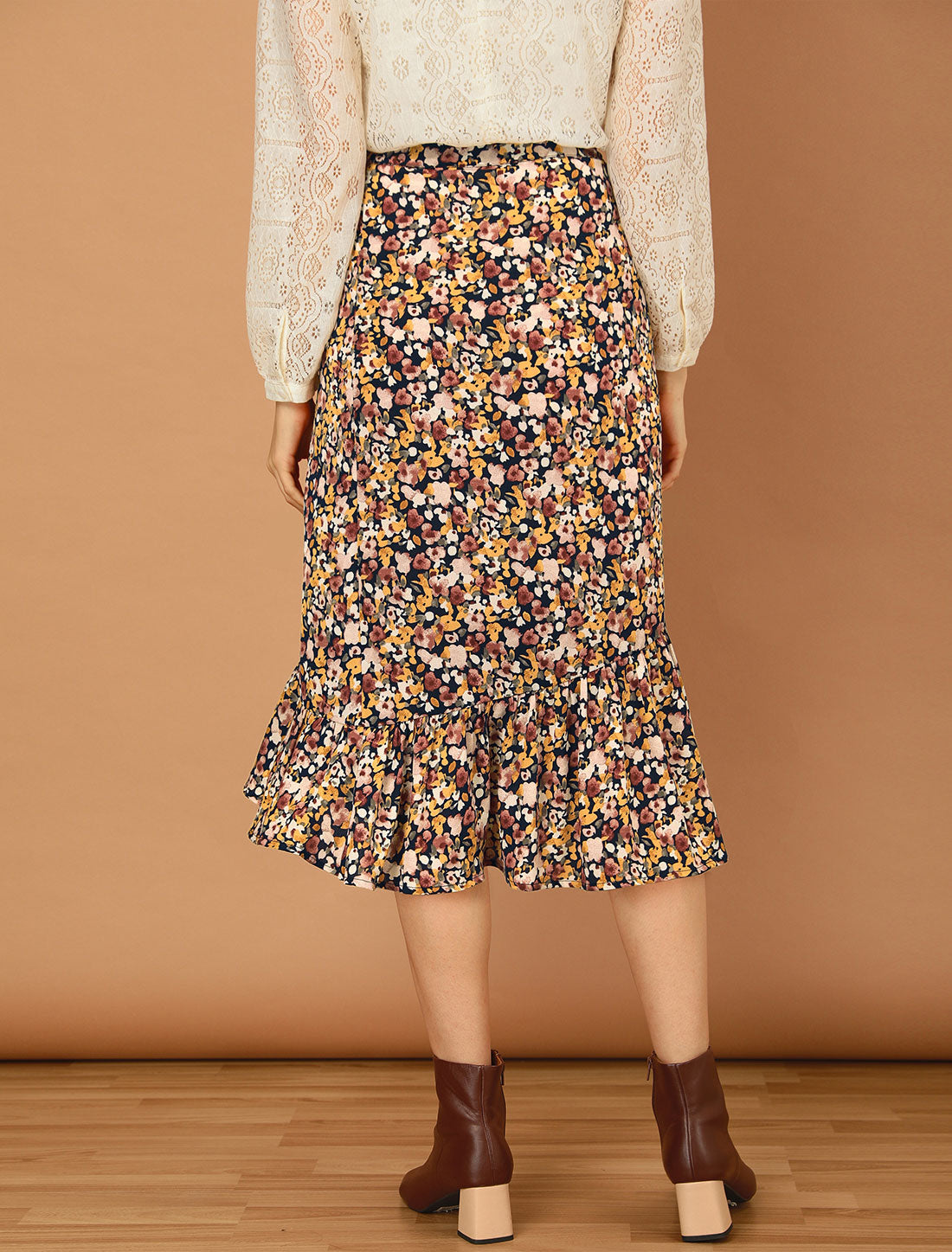 Falda floral de verano para mujer, cintura elástica, dobladillo alto y bajo con volantes, falda midi