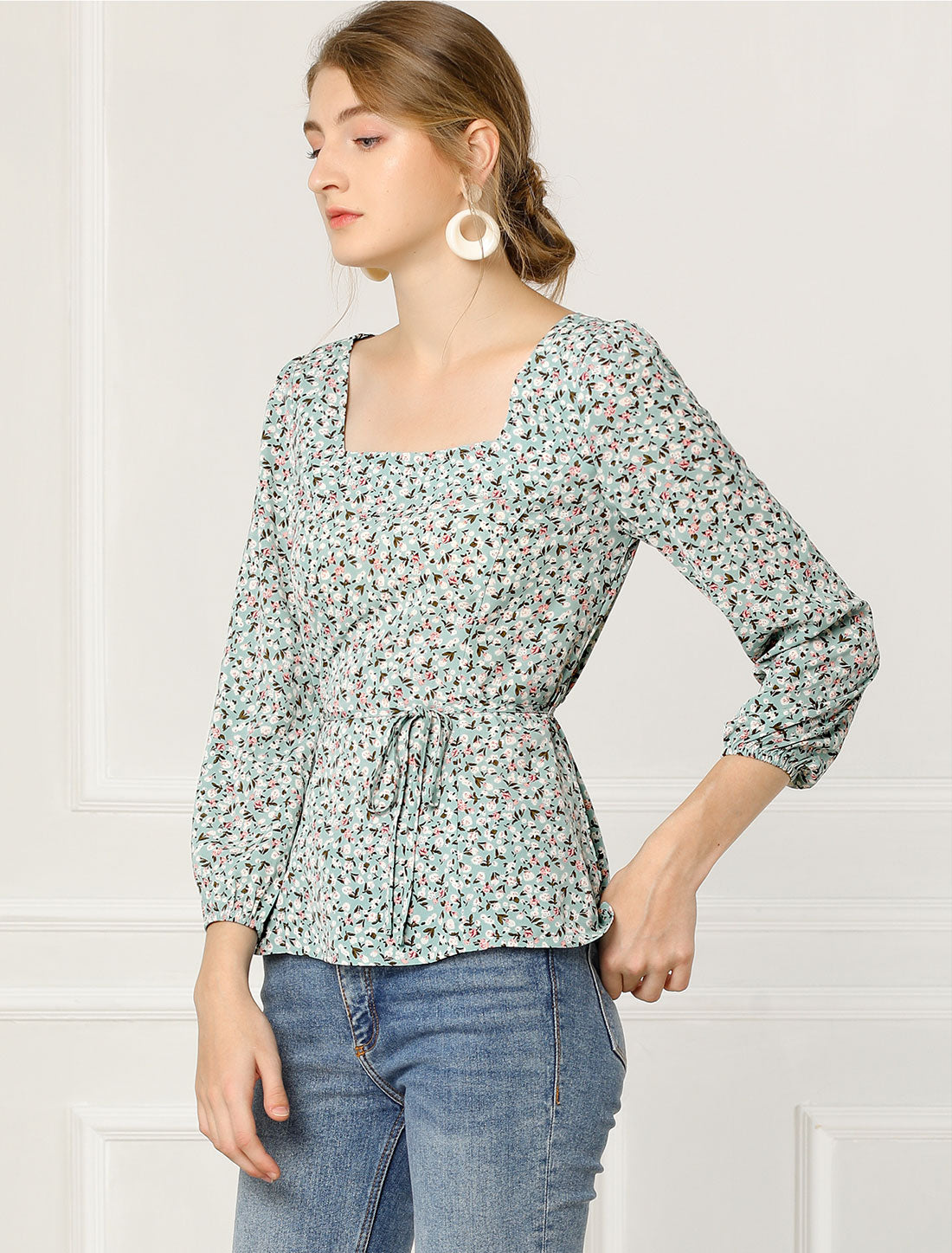 Blusa floral para mujer, cuello cuadrado, cintura con cinturón, top peplum