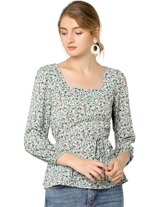 Blusa floral para mujer, cuello cuadrado, cintura con cinturón, top peplum