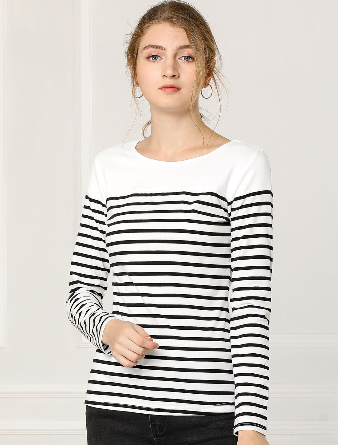 [PACK SALES] Women's 2 Pieces Color Block Long Sleeve Striped Causal T-Shirt