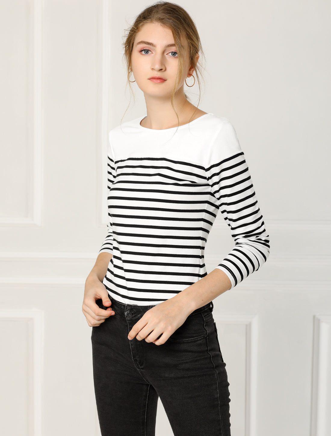 [PACK SALES] Women's 2 Pieces Color Block Long Sleeve Striped Causal T-Shirt