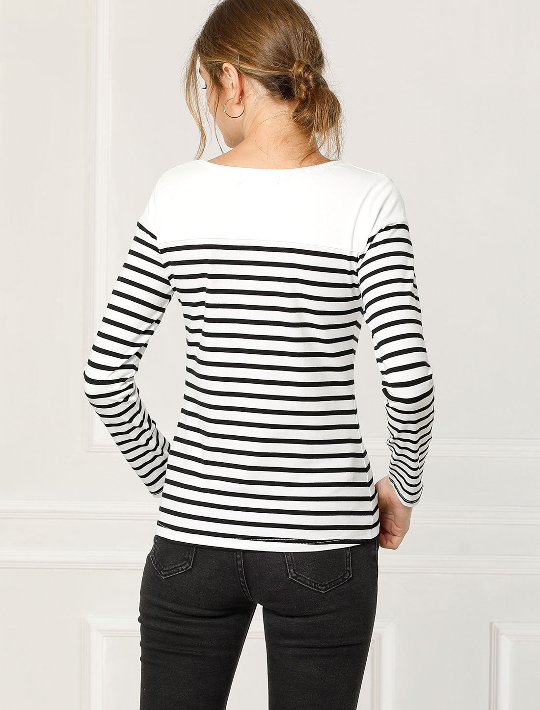 [PACK SALES] Women's 2 Pieces Color Block Long Sleeve Striped Causal T-Shirt
