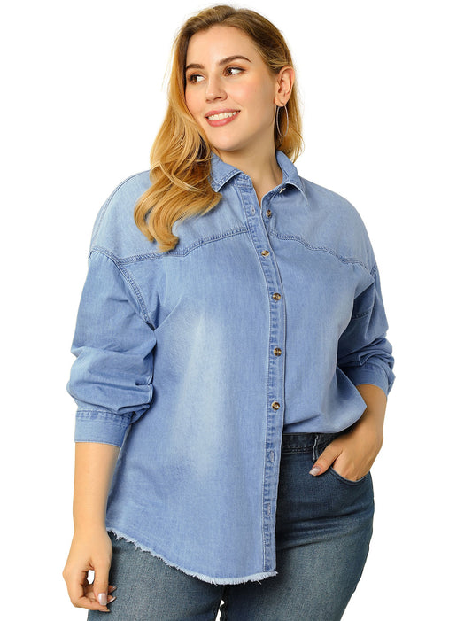 Women's Plus Size Shirts Button Down Shirt Work Cotton Casual Denim Jackets