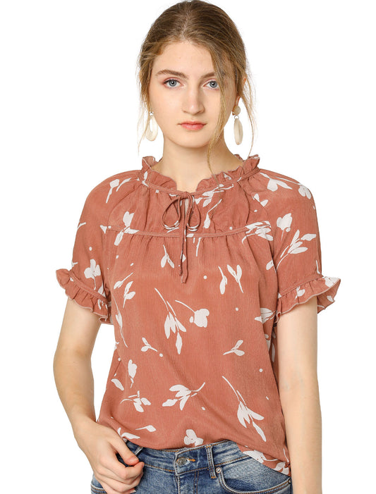 Women's Floral Tie Neck Ruffle Short Sleeves Peasant Blouse