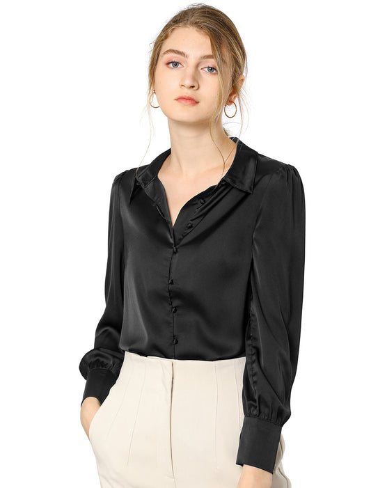 Women's Satin Puff Sleeve Collared Work Office Dressy Button Up Shirt, Deep Colors