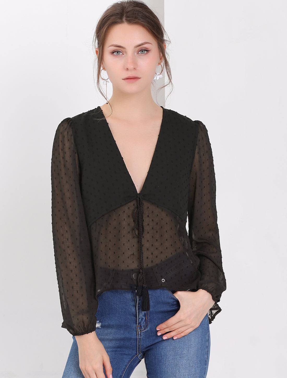 Women's Deep V Neck Chiffon Top Swiss Dots Ruffle Hem Long Sleeve Peplum Top