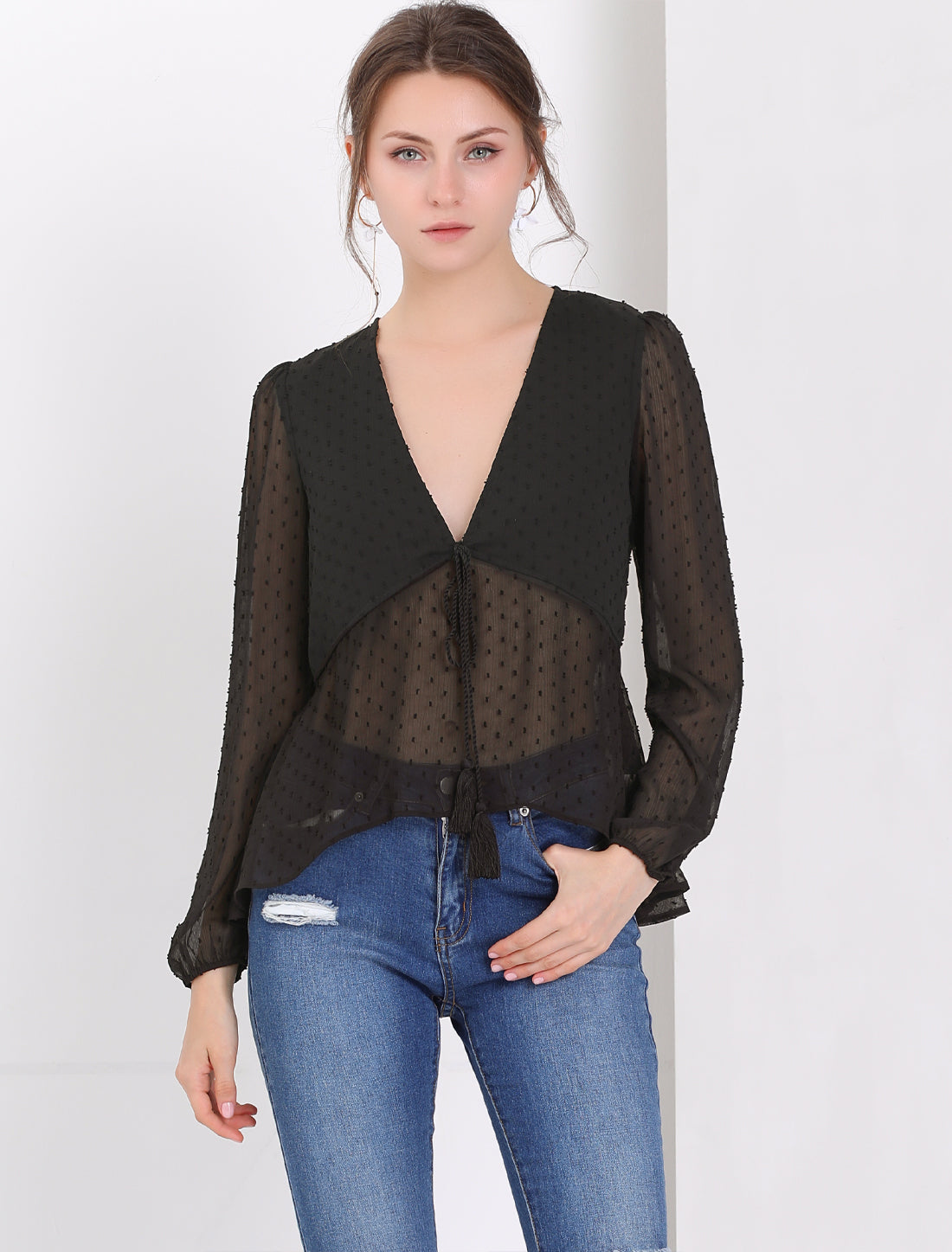 Women's Deep V Neck Chiffon Top Swiss Dots Ruffle Hem Long Sleeve Peplum Top