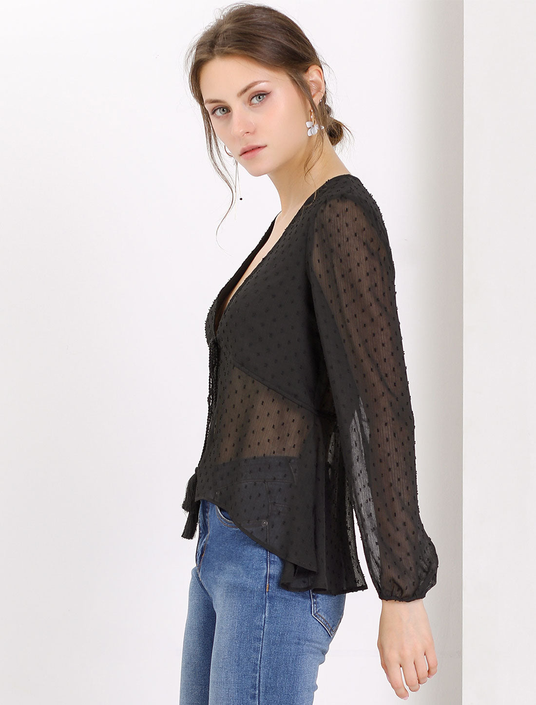Women's Deep V Neck Chiffon Top Swiss Dots Ruffle Hem Long Sleeve Peplum Top