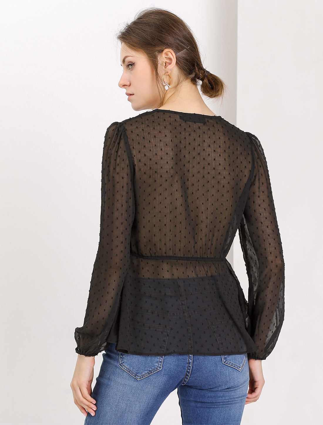 Women's Deep V Neck Chiffon Top Swiss Dots Ruffle Hem Long Sleeve Peplum Top