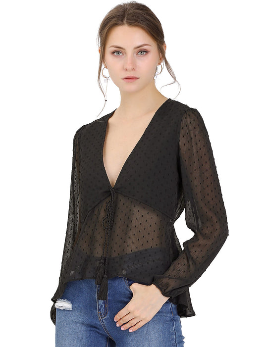 Women's Deep V Neck Chiffon Top Swiss Dots Ruffle Hem Long Sleeve Peplum Top
