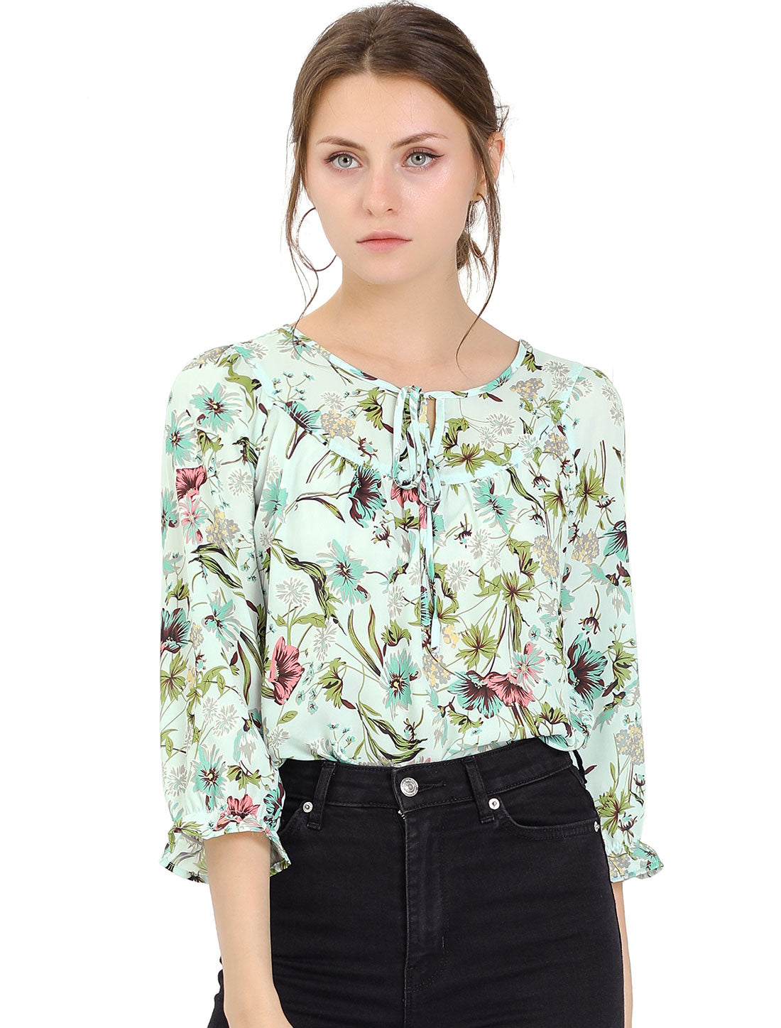 Women's Tie Neck 3/4 Sleeve Floral Blouse Bow Top (Available in Plus Size)